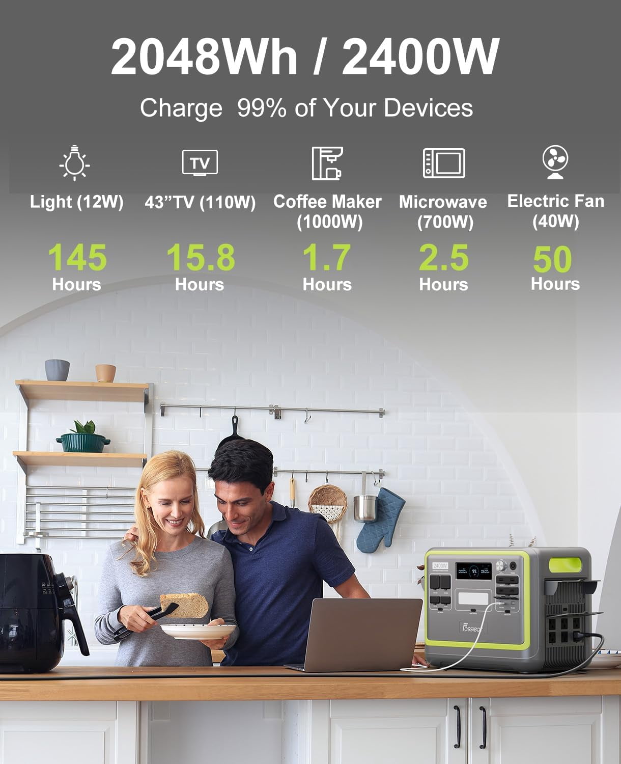 FOSSiBOT F2400 2400W (4800W Peak)Portable Power Station 2048Wh Lfp + 400W Solar Panels,Solar Generator for Outdoor Camping,Home Backup,Emergency,RV