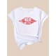 thumbnail image 3 of Camiseta informal de manga corta con estampado de labios rojos para mujer. Estampado "SAVE THE DRAMA for YOUR MAMA", cuello redondo, mezcla de algodón elástico, semitransparente, lavable a máquina. Mo, 3 of 8