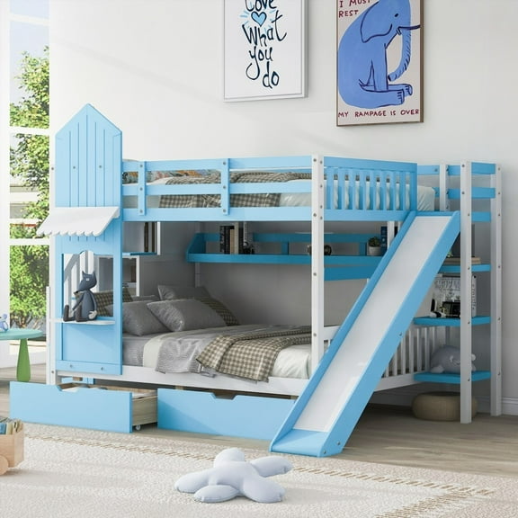 Full-Over-Full Castle Style Bunk Bed - 2 Drawers 3 Shelves & Slide - Blue