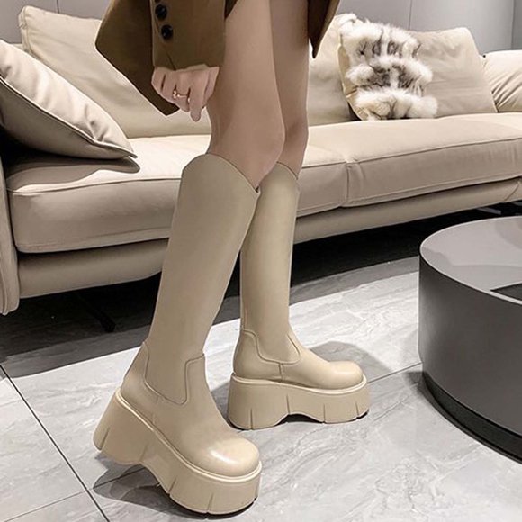 EGNMCR Knee High Boots Women's Fashion Slouchy High-Heels Knee High Boots 8CM Thick Sole Wedge Round-Toe Boots