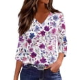 thumbnail image 2 of Womens 3/4 Length Sleeve V Neck Tunic Tops Casual Floral Printed Loose Fit Dressy Blouses for Work Purple Pink L, 2 of 5