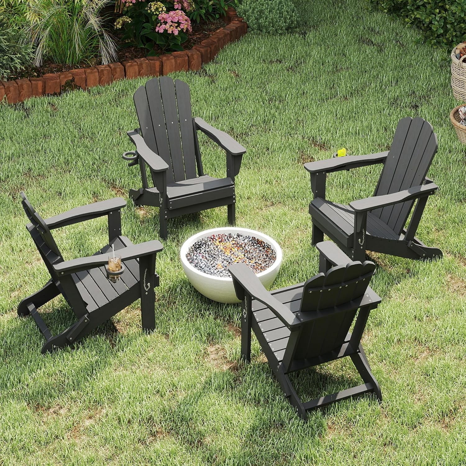 Domi Outdoor Living Folding Adirondack Chair Set of 4, All-Weather HDPE Patio Chair with Cup Holder, Weather-Resistant Fire Pit Seating for Backyard, Deck, Garden & Poolside, Gray