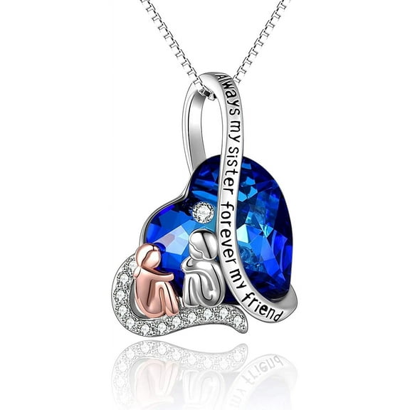 WINNICACA Friendship Necklace for 2 Sisters 925 Sterling Silver with Blue Heart Crystal Necklaces Jewelry Best Friend Birthday Anniversary Mothers Valentines Day Gifts for Women