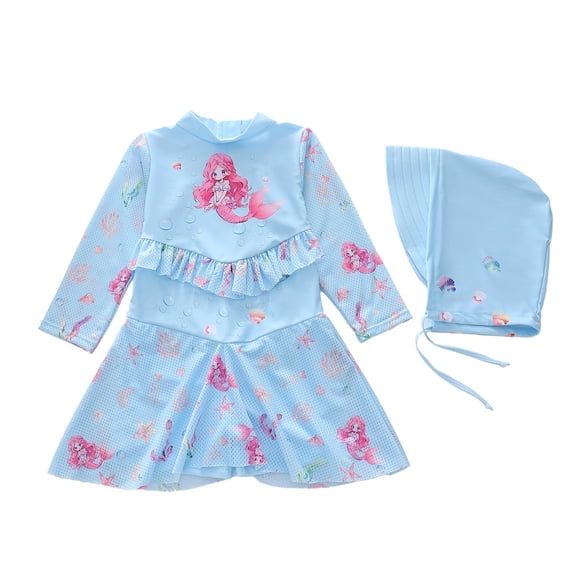 Tiijoy Girls Swimsuit UPF 50 Long Sleeve Swim Dress with Hat Bathing Suit, Sizes 2-12