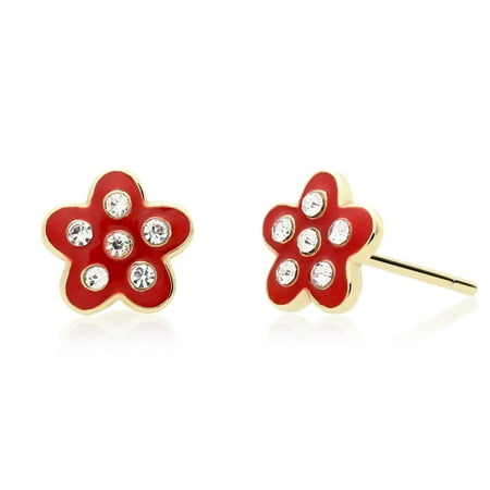 Tilo Jewelry 925 Sterling Silver Red Flower Enamel CZ Stud Earrings with Secure Push Backs for Women & Unisex