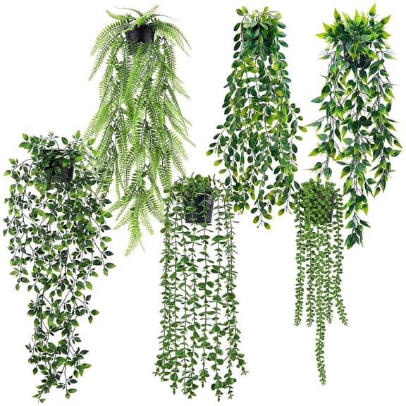 Miracliy 6‑Pack Artificial Hanging Potted Plants, Fake Greenery Trailing Vines for Wall Home Patio Decor