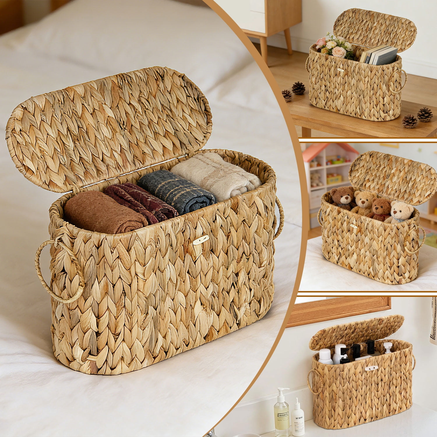 YAOYAO LAND Toilet Paper Storage Basket with Lid, Water Hyacinth Slim Toilet Paper Holder - Holds Up to 6 Mega Rolls, Wicker Basket for Bathroom Organization, Natural