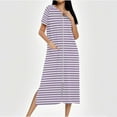 thumbnail image 2 of Fartey Women's Long Striped Nightgown Zipper Front Short Sleeve House Coat Soft Comfy Crew Neck Robes Loose Fit Casual Loungewear with Pockets Purple 2XL, 2 of 8