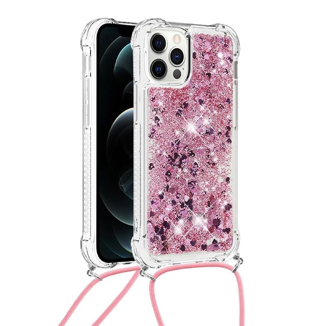 Funda FOXDOCK para iPhone 12 Pro Max con Cuerda Ajustable, Brillo Líquido, Protección Antigolpes y Lente – Ideal para Regalo
