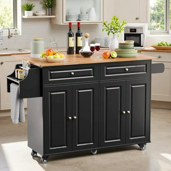 Kitchen Island with Storage, Lofka Kitchen Island Cart with Drop Leaf, for Dining Room|Living Room, Black