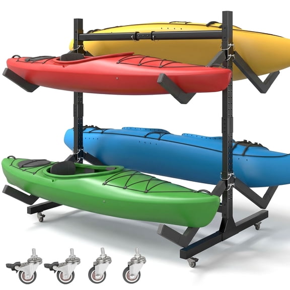 Dovov Freestanding Kayak Storage Rack with Wheels, Adjustable Double-Sided Kayak Rack Heavy Duty Kayak Stand Rolling Canoe Stand, Holds 4 Kayaks, 2 Levels