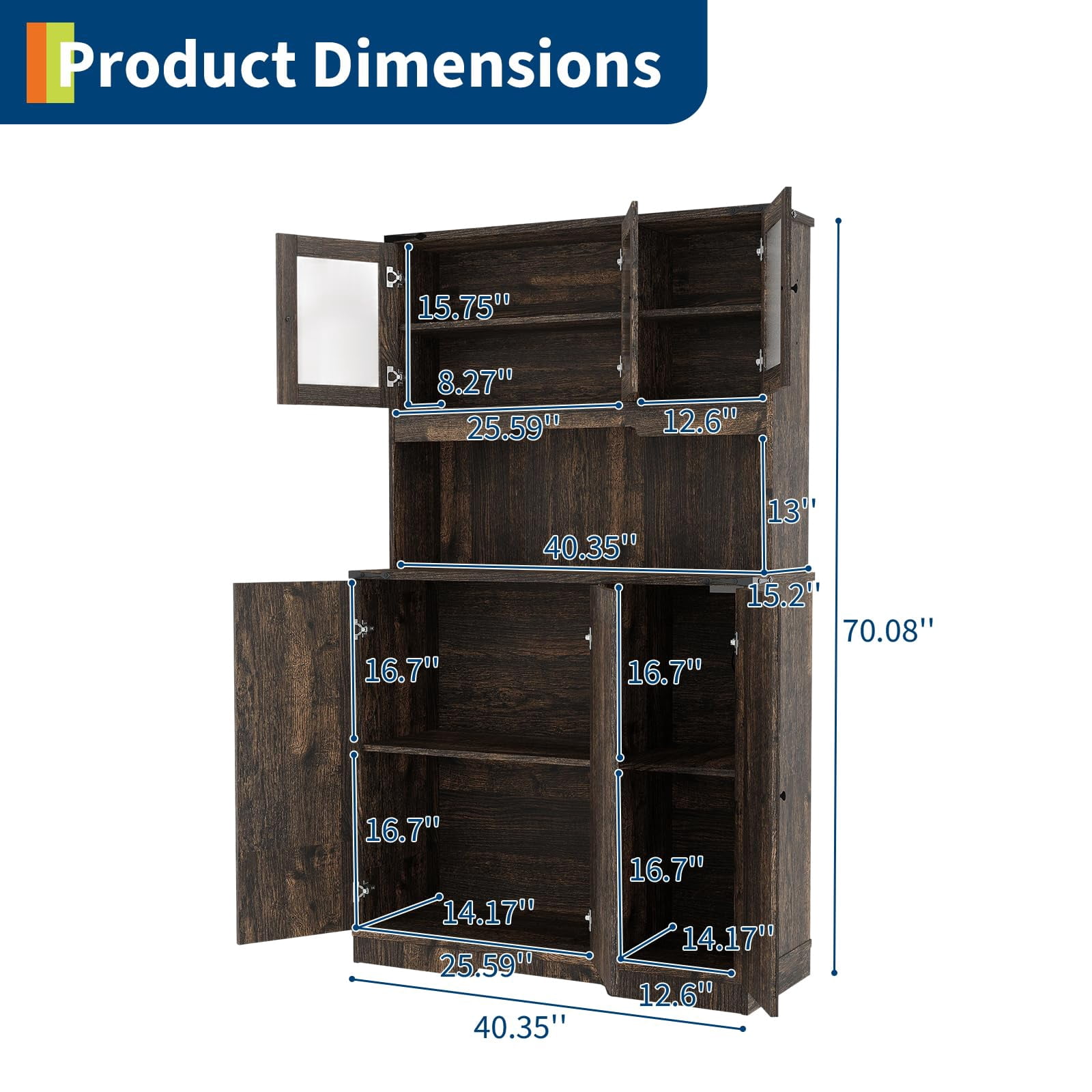 COZONY Rustic Kitchen Pantry Cabinet with Charging Station, Farmhouse Hutch Cupboard with Countertop, 8 Compartments & Adjustable Shelves for Living Room & Kitchen,Dark oak
