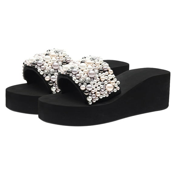 CTIRCHIU 1 Pair Summer Wedge Slippers Anti-slip Pearl Beach Slipper Stylish Thickening Slipper Outer Wearing Female Footwear for Women (6cm White+Black Size 39 7.5US, 5UK, 38.5EU, 9.6285Inch)