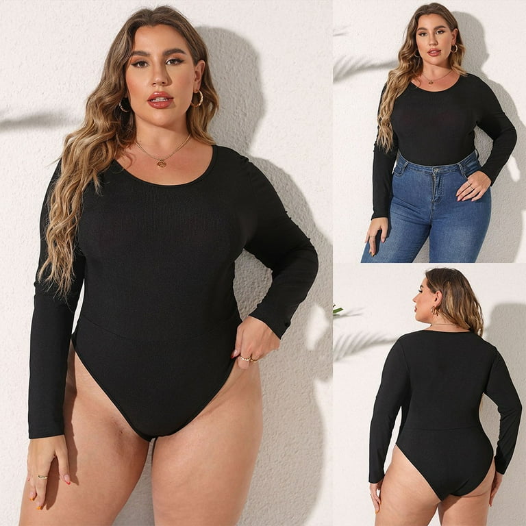 Women's Black Long Sleeve Rib knit Bodysuit Casual Soild Top Plus Size