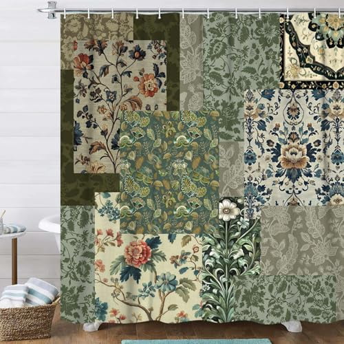 VEIVIAN Vintage Boho Shower Curtain for Bathroom, Mid Century Farmhouse Rustic Country Flowers Patchwork Green Retro Floral Bath Curtain Fabric with 12 Hooks 72x72 Inch