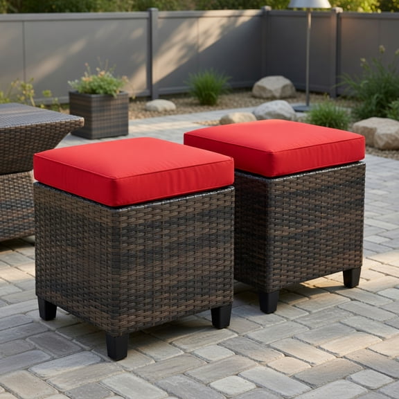 Yardi Yard 2 Pieces Patio Rattan Ottoman Set with Removable Cushions, Outdoor Footstools for Patio, Wicker Ottoman for Pool Deck-Red