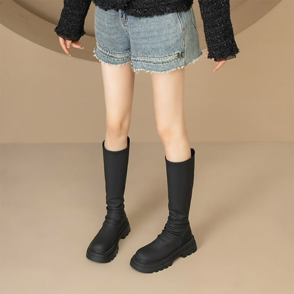 Bnwani Women Boots Fall Winter Fashion Toe Low-Heel Thick Mid-Calf Elastic Versatile Comfortable Casual Boot Black Size 5.5