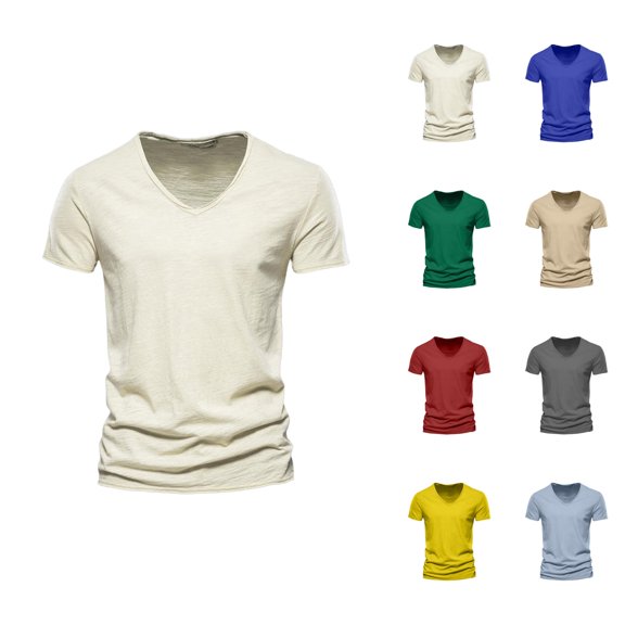 Mens T-Shirts Spring Summer Casual Solid V Neck Short Sleeve Loose Fit Basic Tops Office Shirts