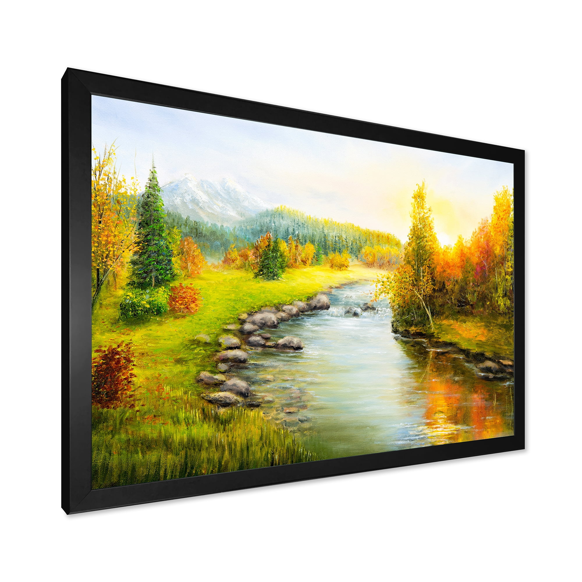 Designart 'Autumn Landscape With Forest River and Mountains' Lake House Framed Art Print