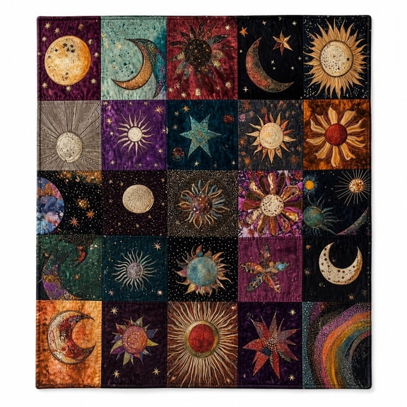 Vintage Sun and Moon Celestial Patchwork Design Fleece Throw Blanket, Soft 280 GSM Polyester, Couch and Bed Home Decor