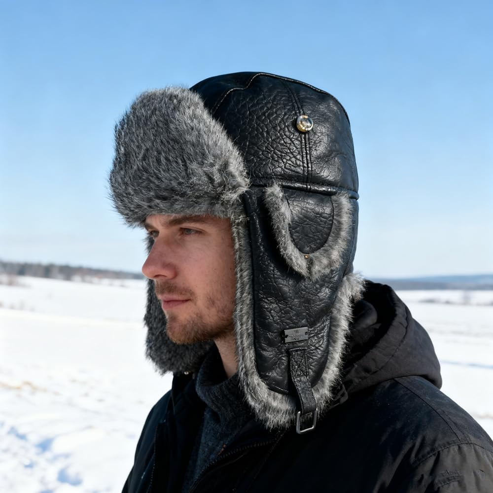 Winter Trapper Hat,Faux Rabbit Fur Knit Sheepskin Russian Trooper Aviator Hats Hunting Ski Ushanka Hat with Ear Flaps