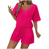 ZyeKqe 2 Piece Sets for Women Sweatsuit Casual Short Sleeve V Neck Tshirts Drawstring Shorts Lounge Sets