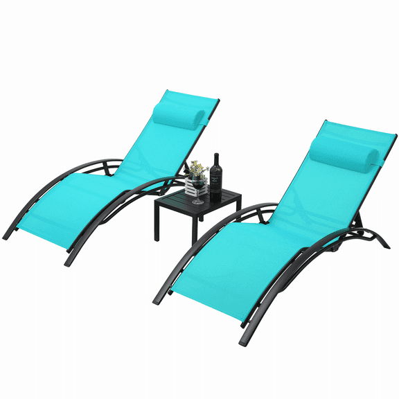 TLSUNNY 3 Pcs Patio Chaise Lounge and Side Table Set, Outdoor Recliner Lounger Chair with Removable Headrest, 5-Level Adjustable Backrest, Aluminum Frame
