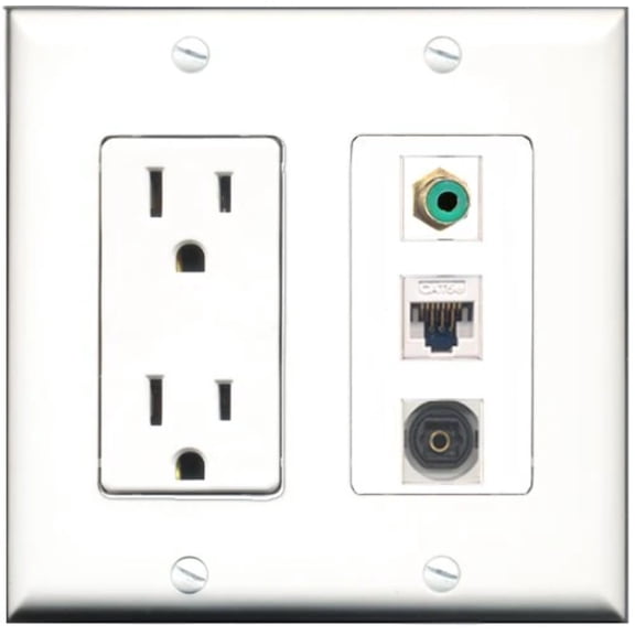 RiteAV - 15 Amp Power Outlet 1 Port RCA Green 1 Port Toslink 1 Port Cat5e Ethernet White Decorative Wall Plate