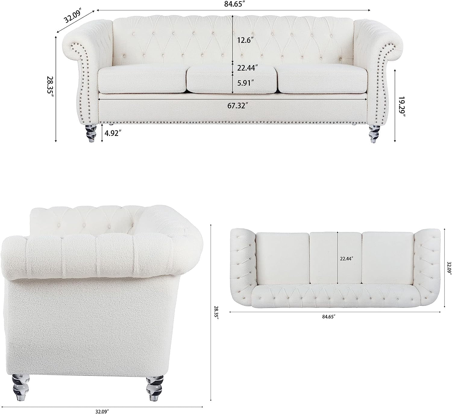 Miniyam 85" Chesterfield Fabric 3 Seater Couch Furniture,Upholstered Sofa with Tufted Back,Roll Arm Classic Chesterfield Settee Couches for Living Room,Office
