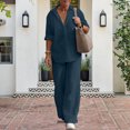 thumbnail image 4 of Camisa de solapa de mujer + Pantalones Camisa de lino de algodón casual + Pantalones de pierna ancha Trajes Y2k sueltos FLhrweasw Nuevo, 4 of 9