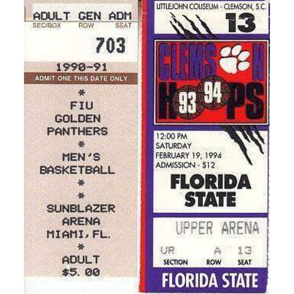 2 Florida St basketball early 90s ticket stubs (Charlie Ward)