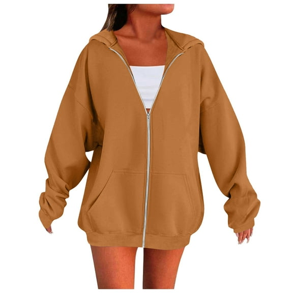 Women's Solid Color Zip Up Hooded Sweatshirt, Oversized Loose Fit with Drawstring Hood and Pockets, Thick Warm Material for Fall Winter Fashion, Casual Jackets for Streetwear, Daily Wear Brown L