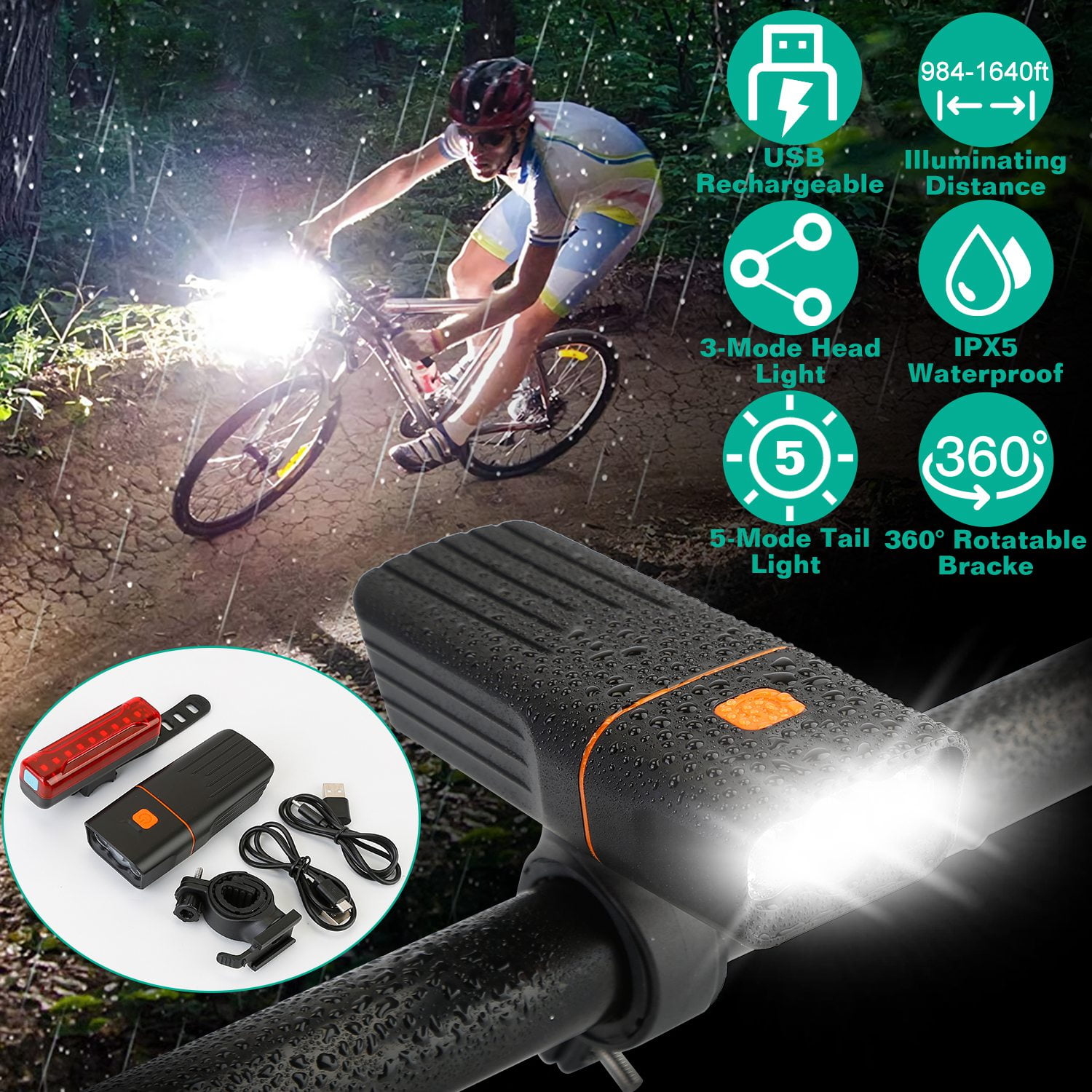 Portable and Adjustable USB Charging and can Double as an Outdoor Multi-Function Flashlight Universal The LED Bicycle Light has a Brightness of 300 lumens 5 Lighting Modes is Waterproof 