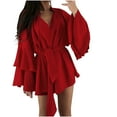 thumbnail image 2 of Zedker Women's Solid Color Mini Dresses Summer V-Neck Short Ruffle Hem Short Wrap Dresses, Plus Size RedL, 2 of 7