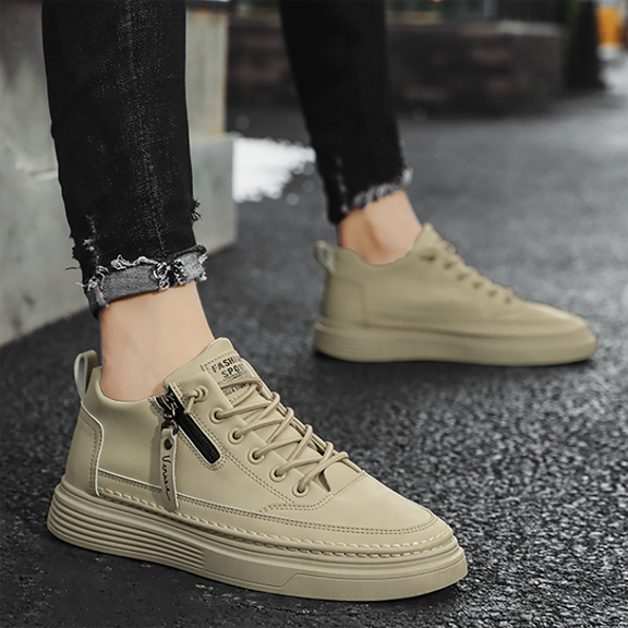 XIMIN Mens Leather Lace Up Platform Ankle Boots Classic Round Toe Soft Sole Low Cut Dress Boots Oxford Shoes Comfortable Slip On Casual Walking Shoes (8, Khaki)