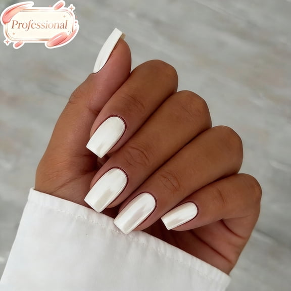 24Pcs Pearl White Press On Nails Medium Square, Glossy Pearlescent Full Cover Fake Nails, Reusable Acrylic Stick On False Nail Tips Salon DIY Manicure Nail Art Gift for Women Daily Party Wear