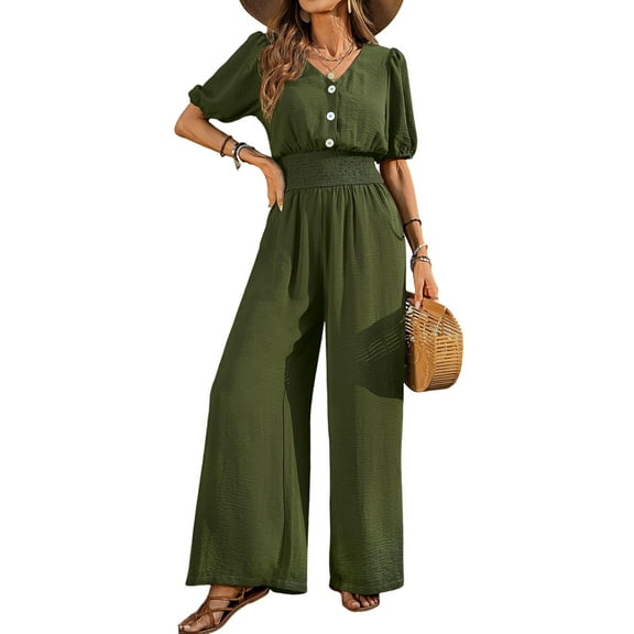 Womens Jumpsuits Short Sleeve V Neck Dressy Casual Wide Leg Pants Romper  Green S