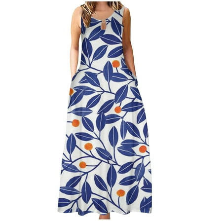 

YanHoo Women s Plus Size Dresses Sleeveless Keyhole Round Neck Large Swing Dress Summer Loose Casual Print Tank Dress