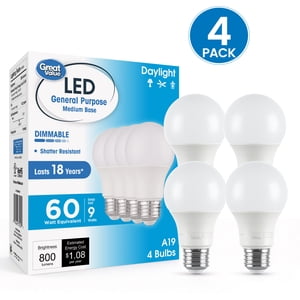Great Value A19 LED Light Bulb, 9W, 60W Equivalent, 4 Pack