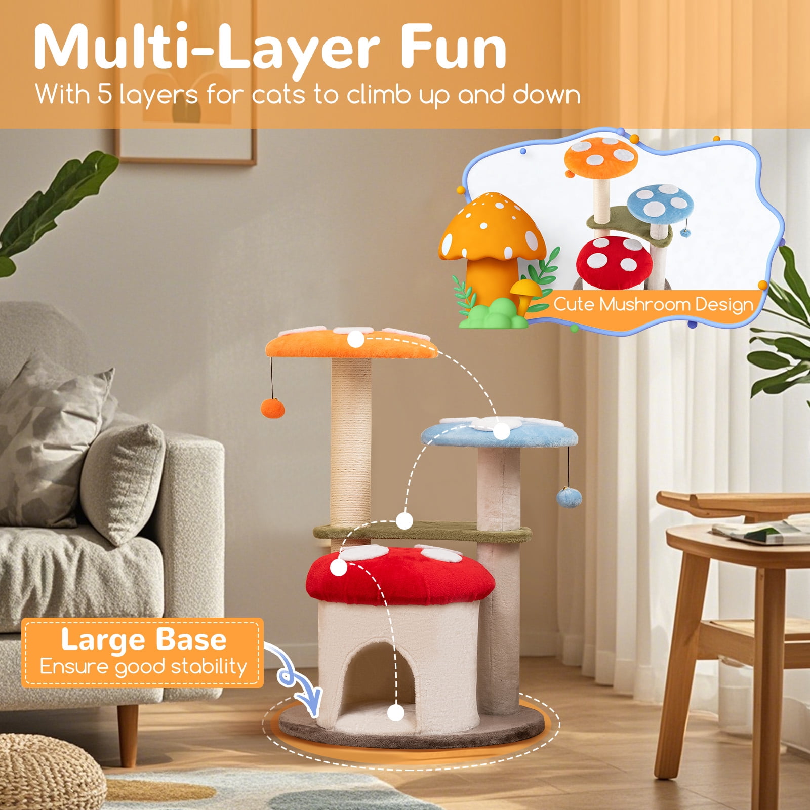 Gymax Cute Mushroom Cat Tree 35'' Tall Cat Tower w/ Sisal Scratching Posts Cat Condo