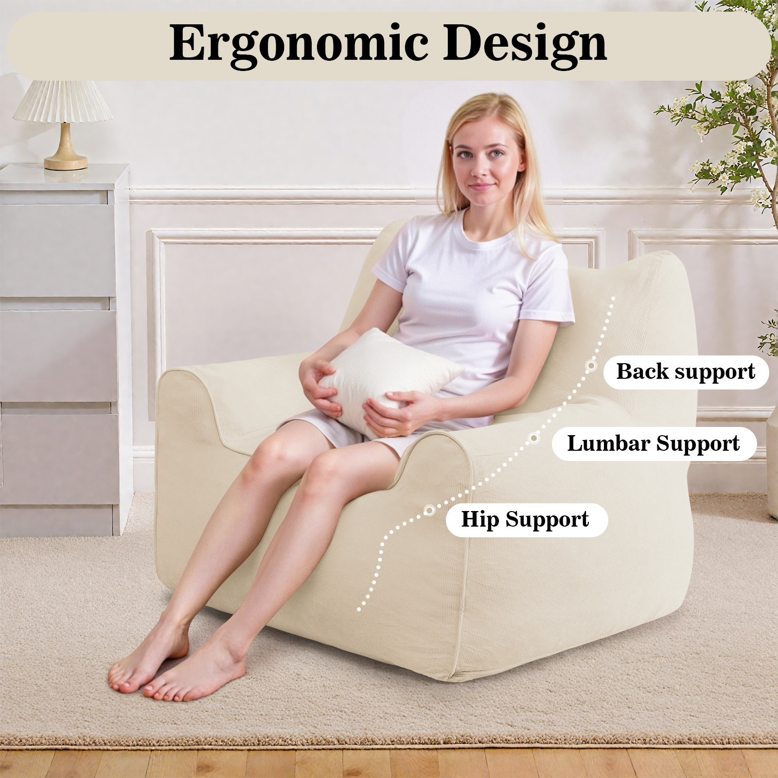 Lusimo Bean Bag Chair for Adults Teens, 3FT Lazy Memory Foam Bean Bag Sofa for Bedrooms, Cat-Ear Design Couch with Corduroy Washable Cover, Lounge Chairs with Pocket for Gaming, Reading, Beige