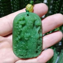 K-KED Natural Green Jade Necklace Pendant Hand-Carved Lucky Amulet Chain Chic pretty-God of Wealth