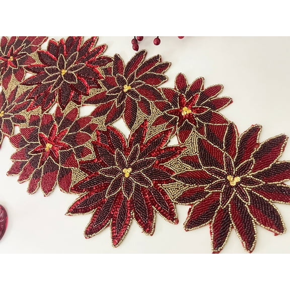 Christmas handmade table runner, floral beaded table runner, Poinsettia runner, 13x36inch