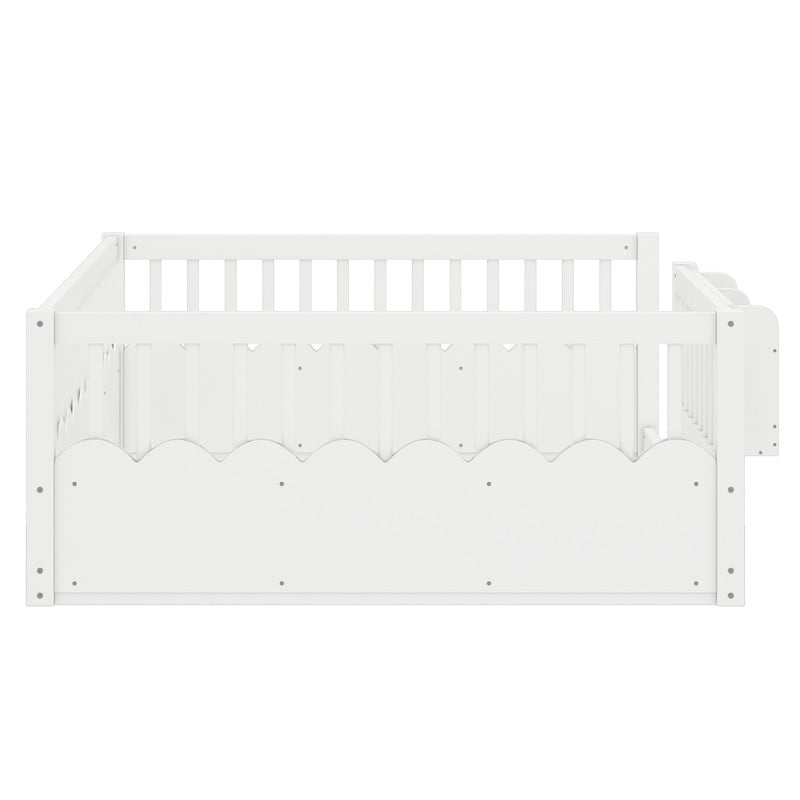 Full Size Floor Bed with Heightened Fence, Kids Platform Bed Frame with No Slat, Montessori Storage Bed with Bookshelf