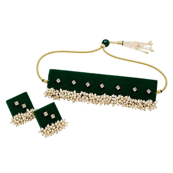 Handcrafted Fabric Choker Necklace Set for Women & | Ethnic Pearl Choker with Matching Earrings | Traditional Wedding, Festive & Party Wear Jewelry Set(Dark Green)