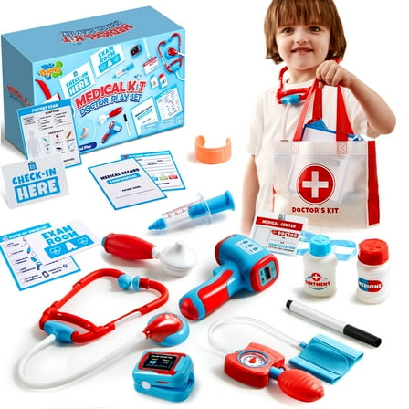 Joyfy 16-Piece Pretend Medical Kit with Bag for Kids 6 8,  Kids Doctor Role Play Set Includ Reusable Record Cards, Realistic Toy Stethoscope, Dress Up Playset for Toddlers Ages 3 