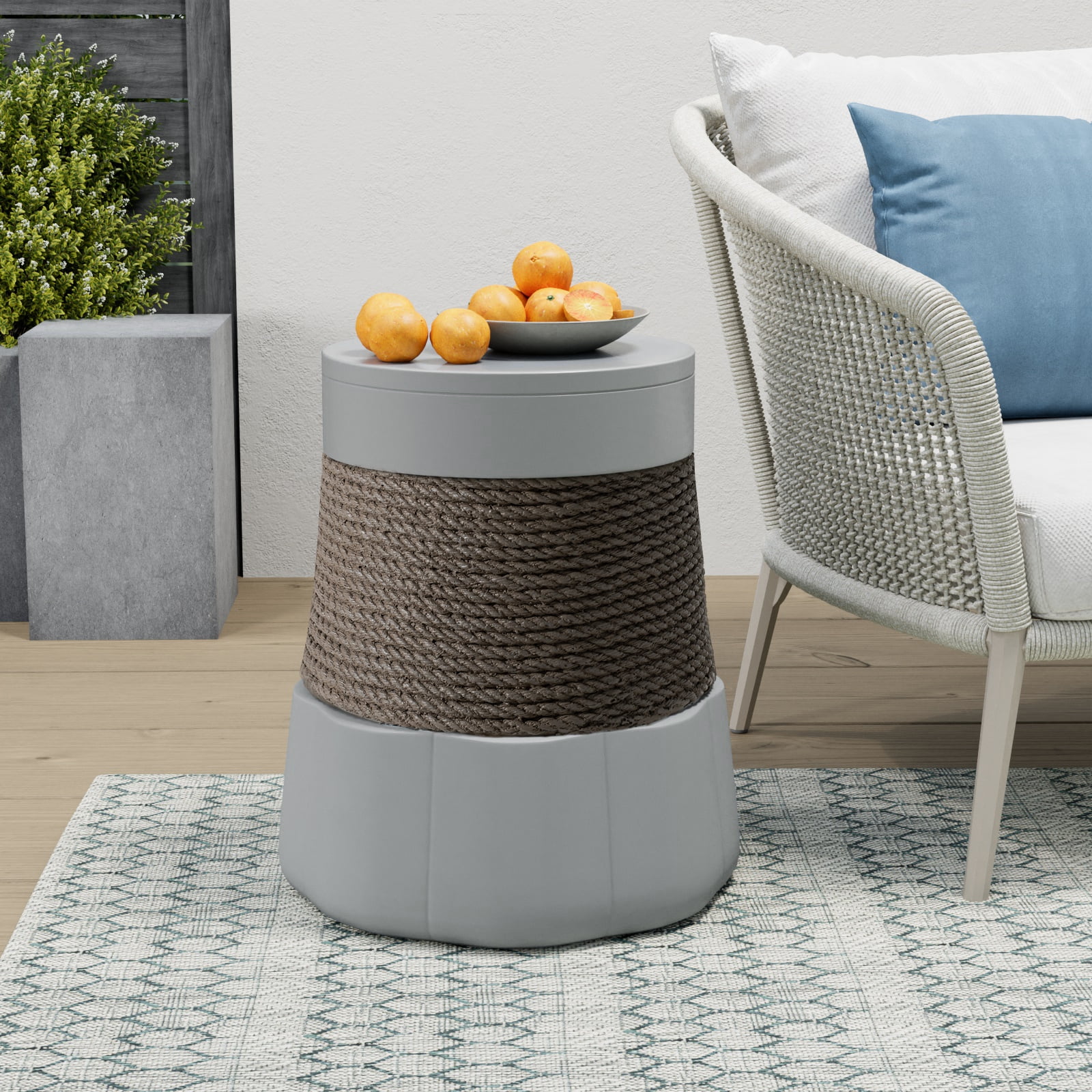 COSIEST Outdoor Lightweight Concrete Round Shaped Side Table w Hemp