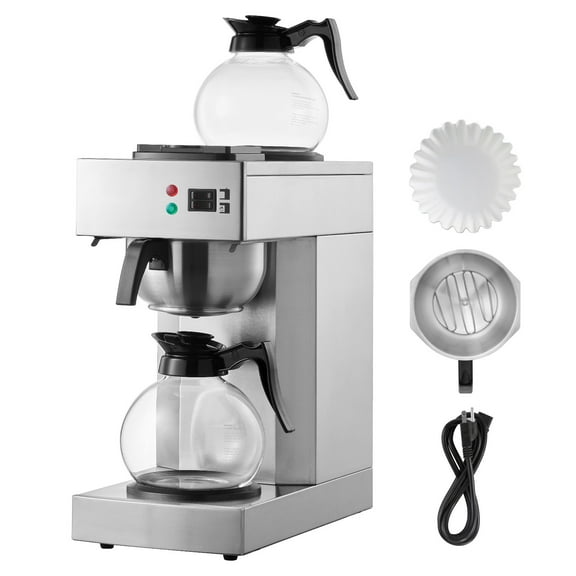 KFFKFF 12-Cup Industrial Coffee Brewer, Coffee Brewing Device with Dual Glass Containers and Warming Trays, Metallic Filter Coffee Maker for Eateries, Workplaces, Coffee Shops