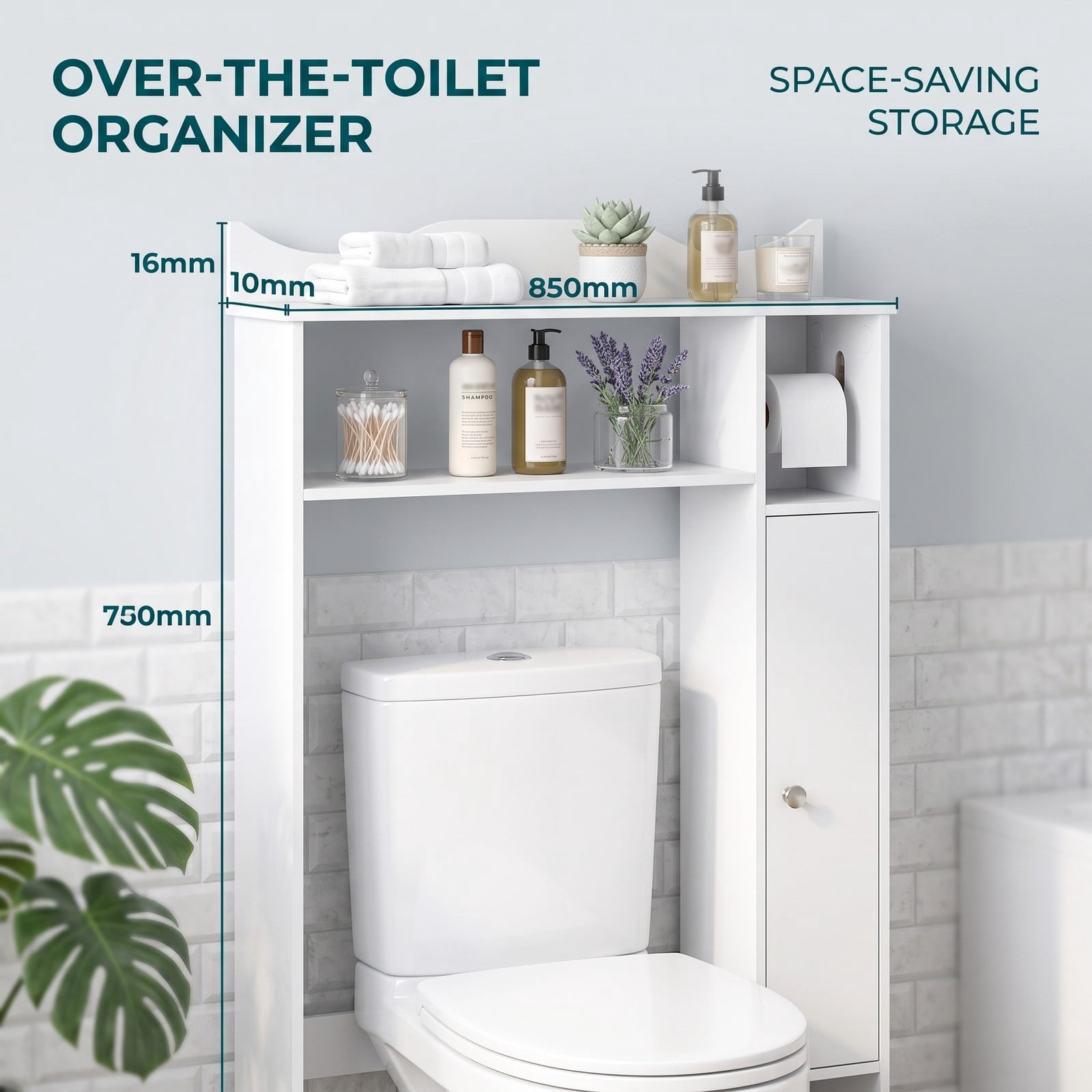 ALPULON Wood Over the Toilet Space Saver with Display Shelf Side Cabinet and Paper Holder for Small Bathroom Storage and Organization, White