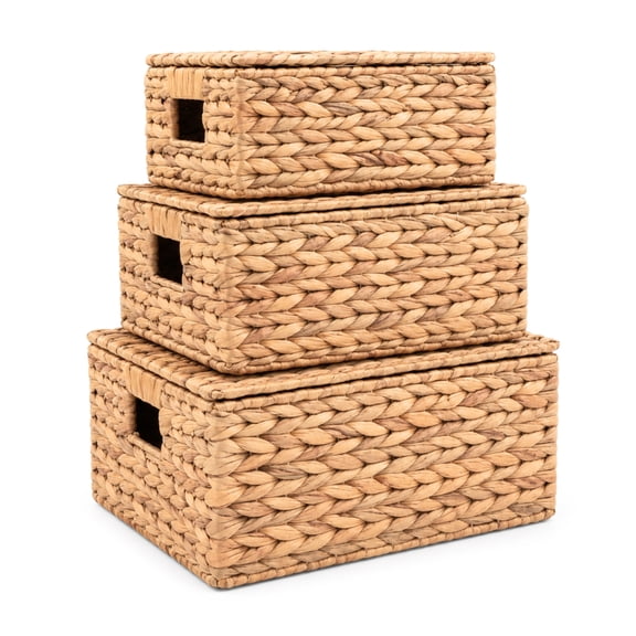 Set of 3 Wicker Baskets with Lid - Woven Storage Basket with Lid - Decorative Storage Boxes for Bathroom, Bedroom and Shelve